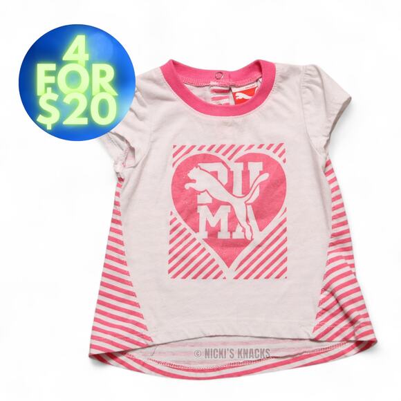 4/$20 - Puma Baby Girls White & Pink Striped Logo T-Shirt Size 12 Months - Picture 1 of 7